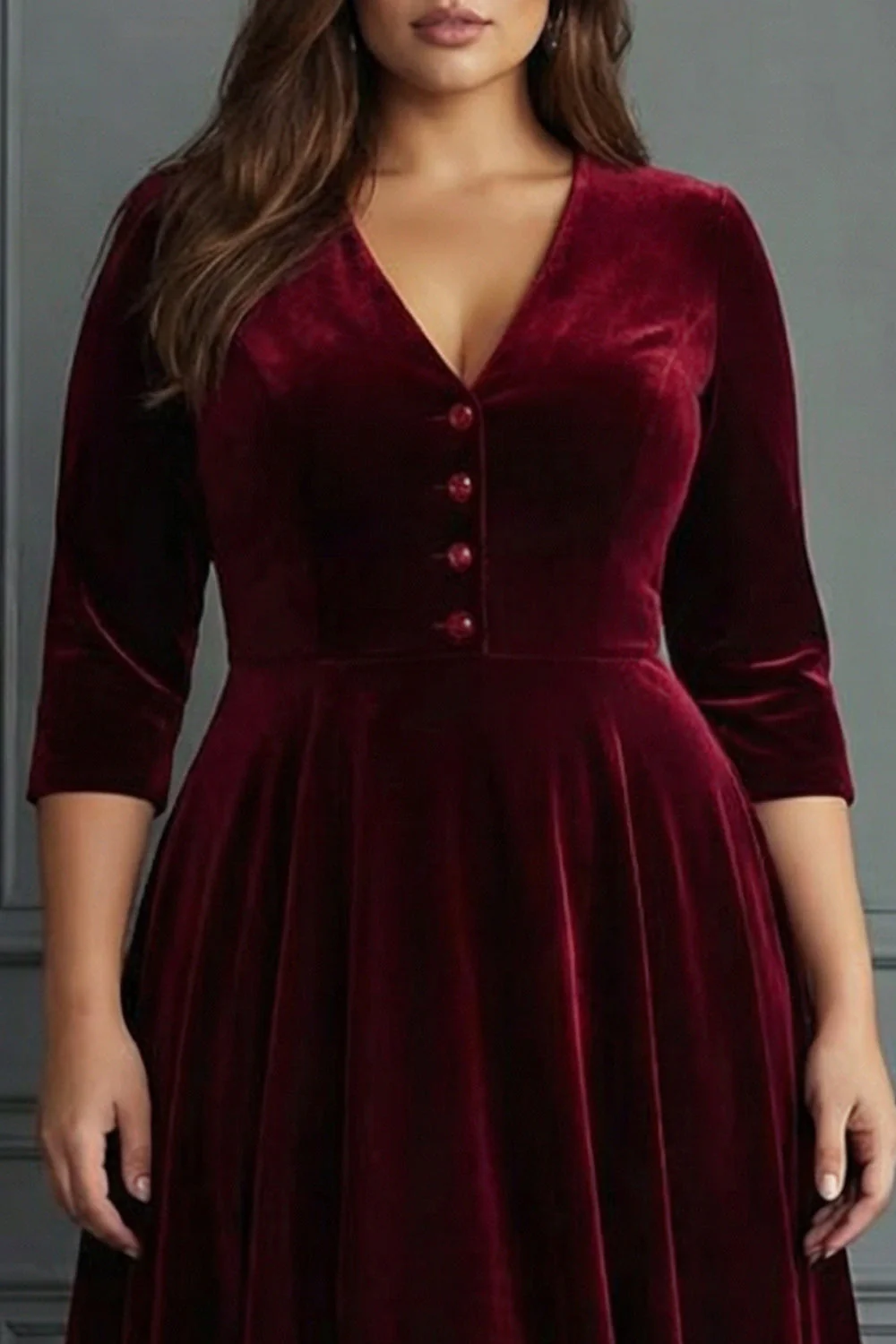 Plus Size Burgundy Velvet A Line V-Neck Midi Work Dress with Half Sleeves - Image 4