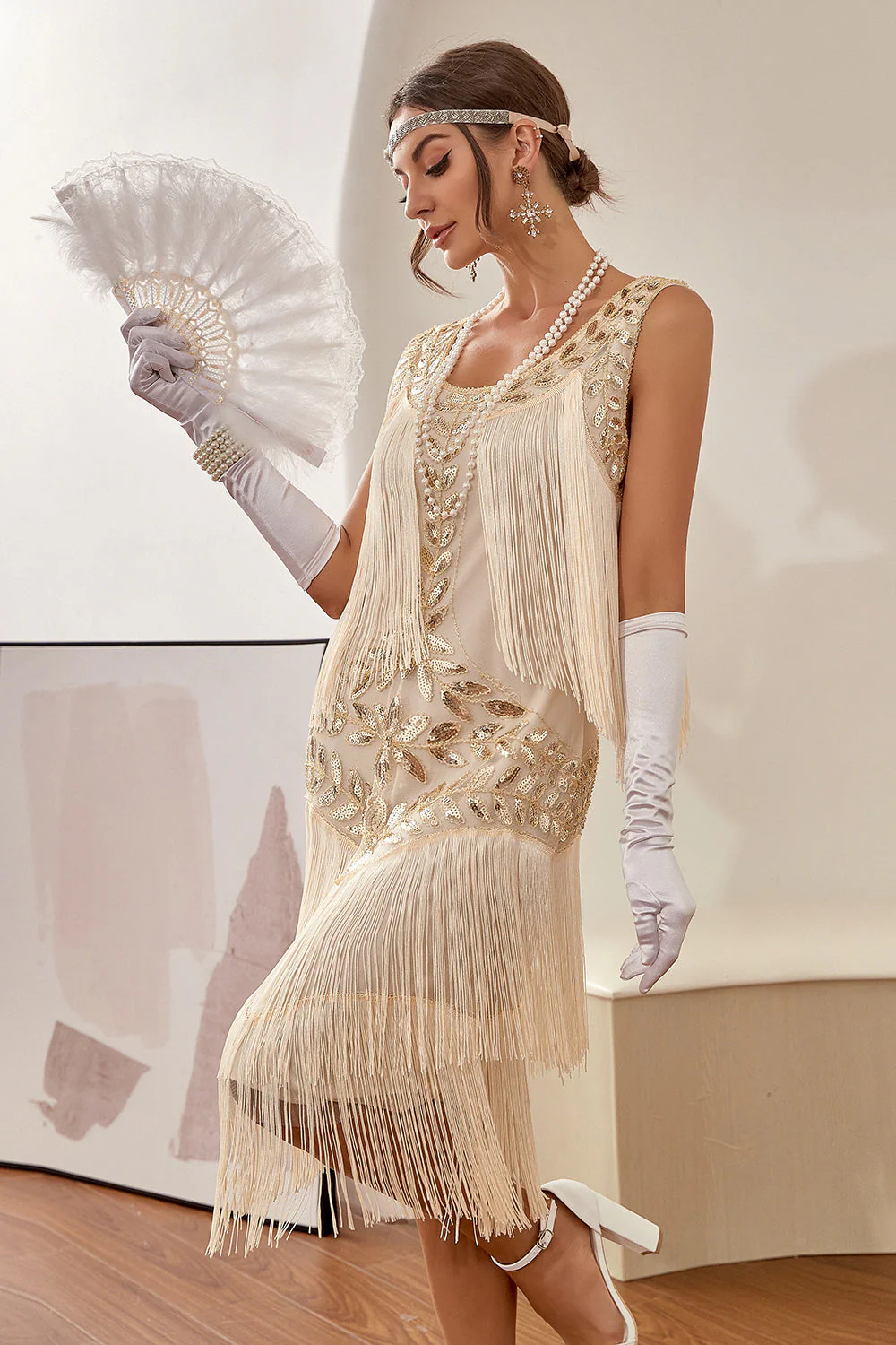Plus Size Champagne Gatsby 1920s Flapper Dress with Sequins and Fringes - Image 5