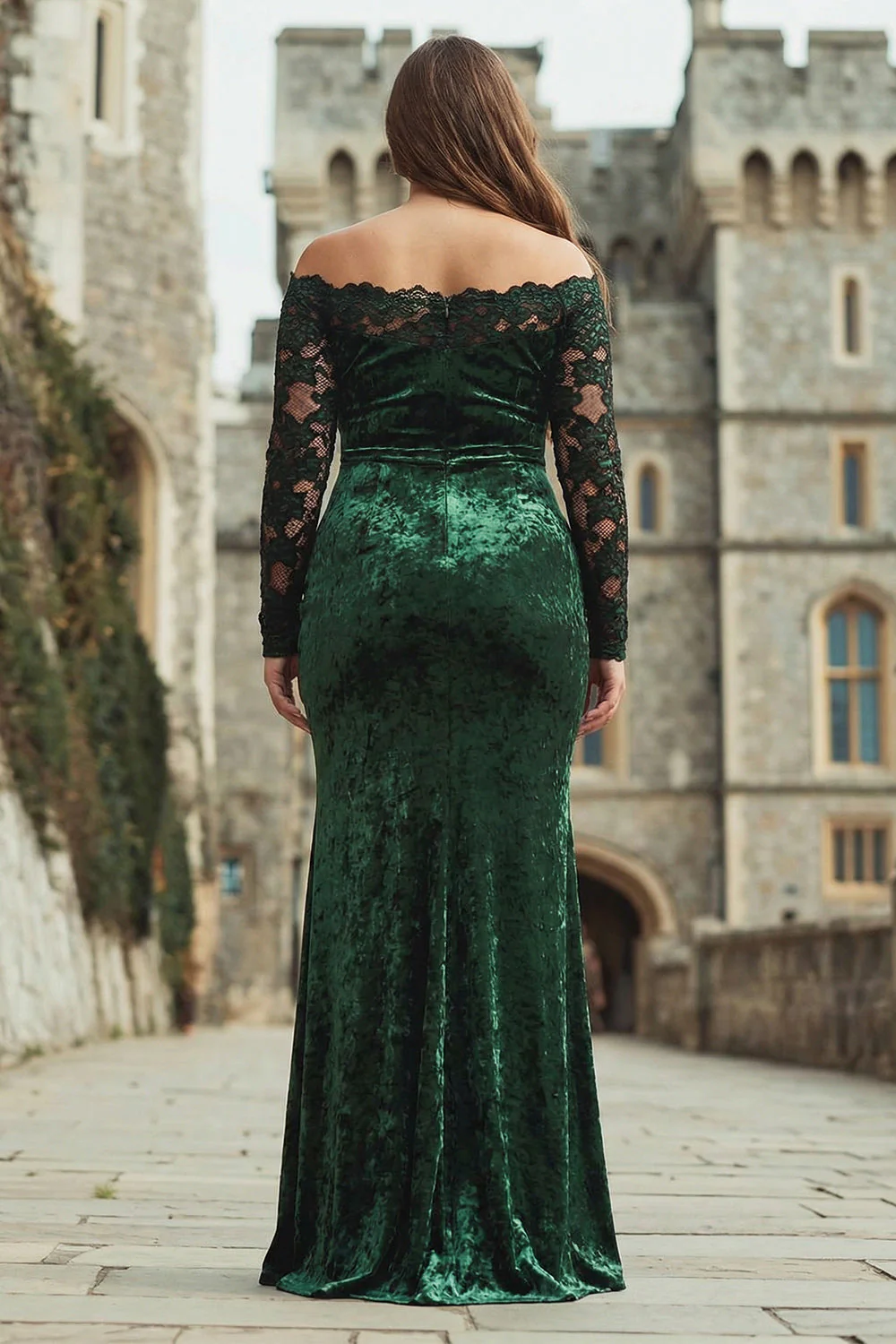 Plus Size Dark Green Velvet Lace Off the Shoulder Formal Dress with Long Sleeves - Image 2