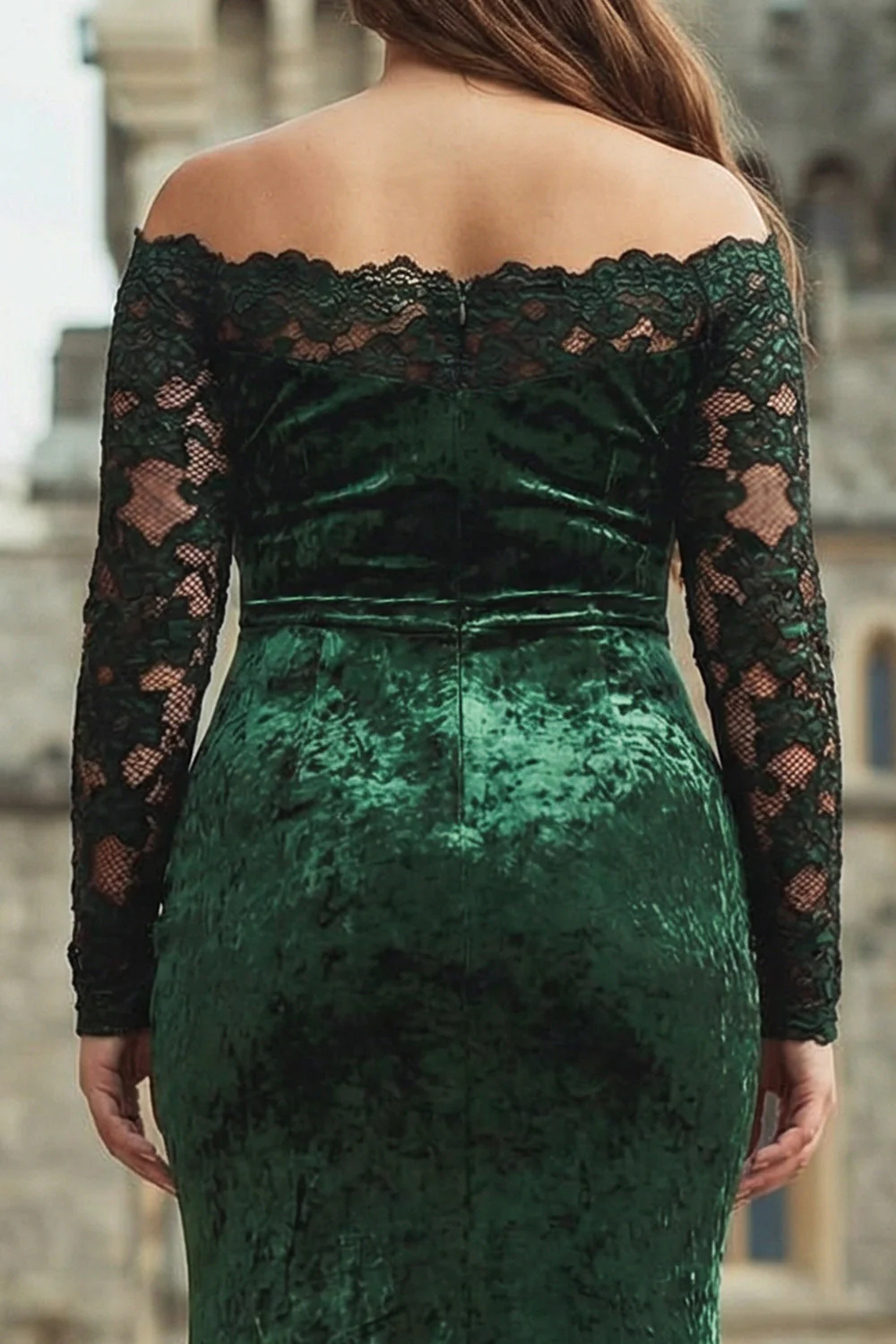 Plus Size Dark Green Velvet Lace Off the Shoulder Formal Dress with Long Sleeves - Image 4