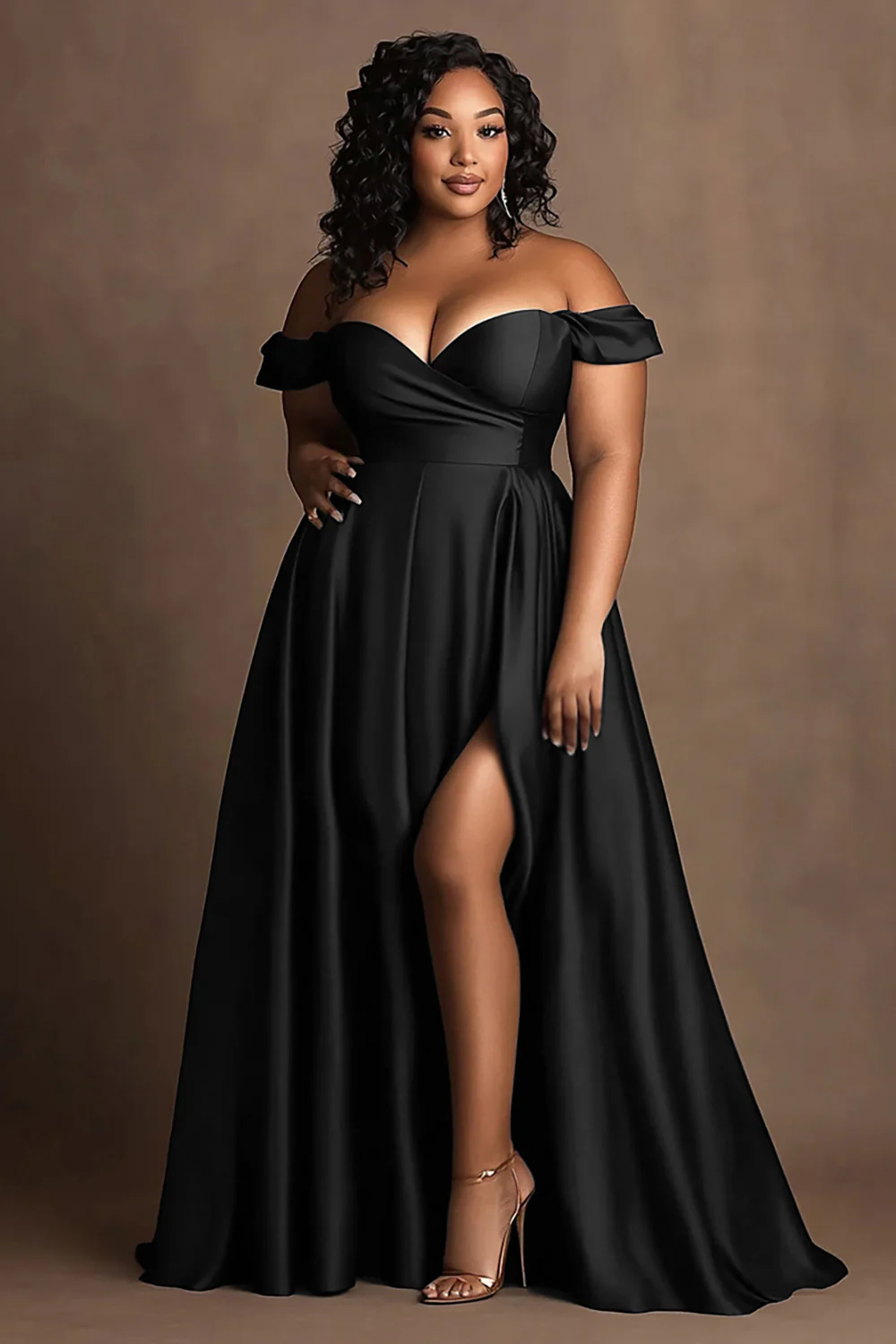 Plus Size Navy Off The Shoulder Satin Long Formal Dress with Slit - Image 3