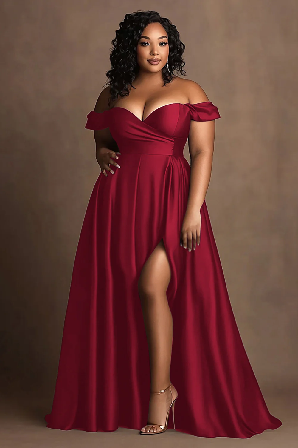 Plus Size Navy Off The Shoulder Satin Long Formal Dress with Slit - Image 4