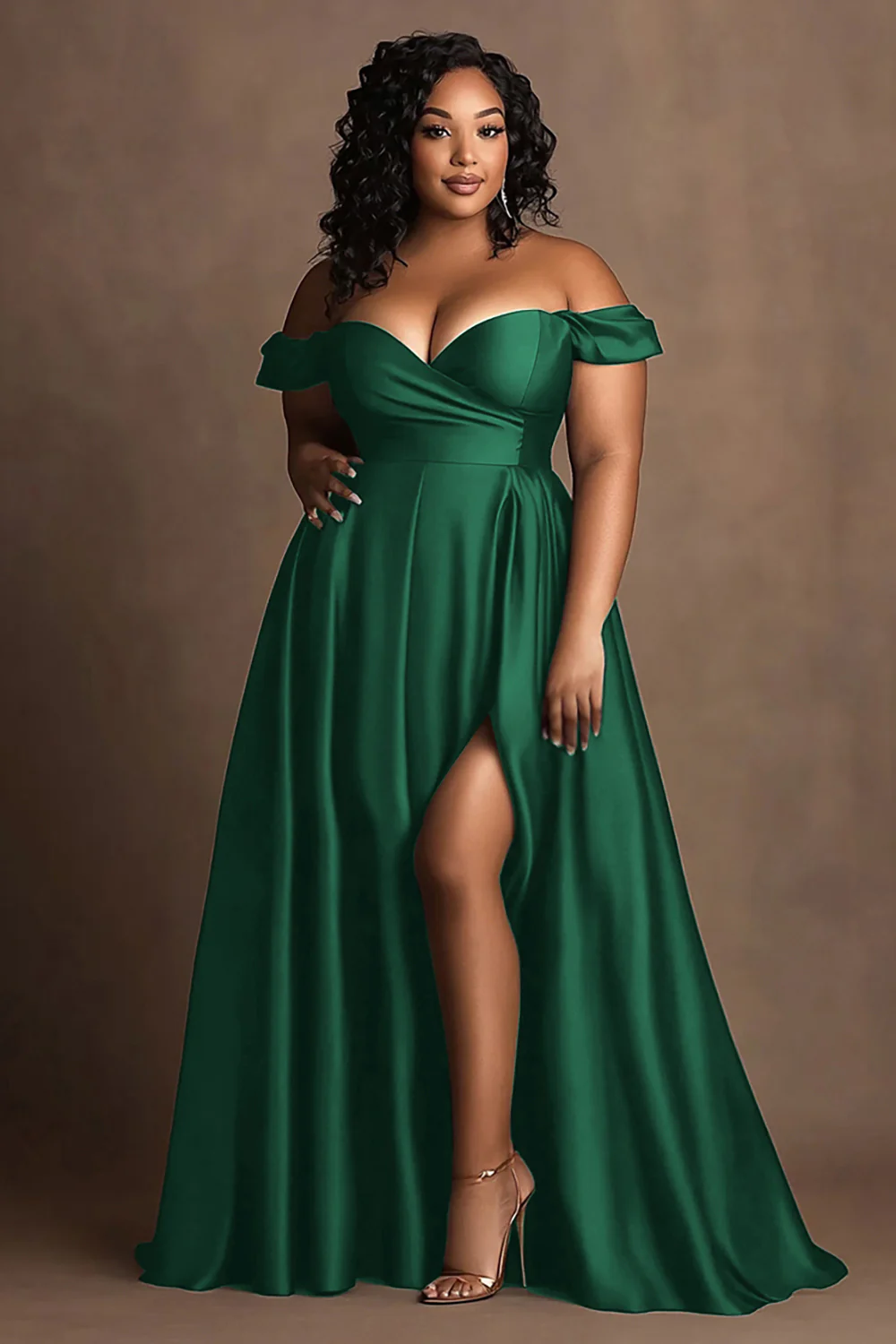 Plus Size Navy Off The Shoulder Satin Long Formal Dress with Slit - Image 5