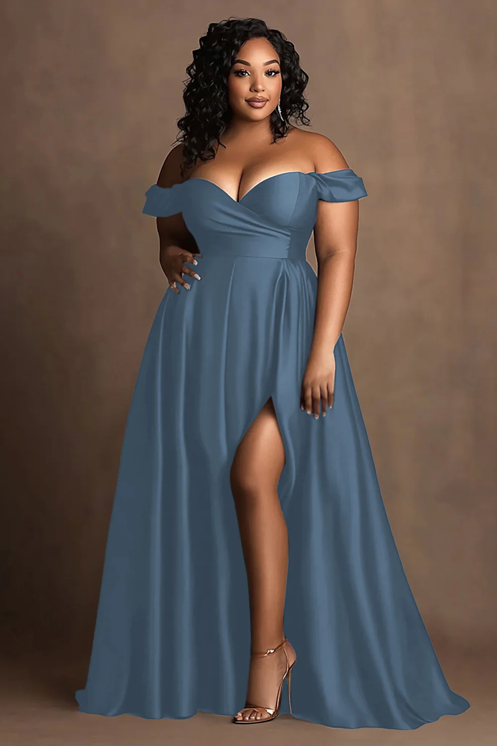 Plus Size Navy Off The Shoulder Satin Long Formal Dress with Slit - Image 6