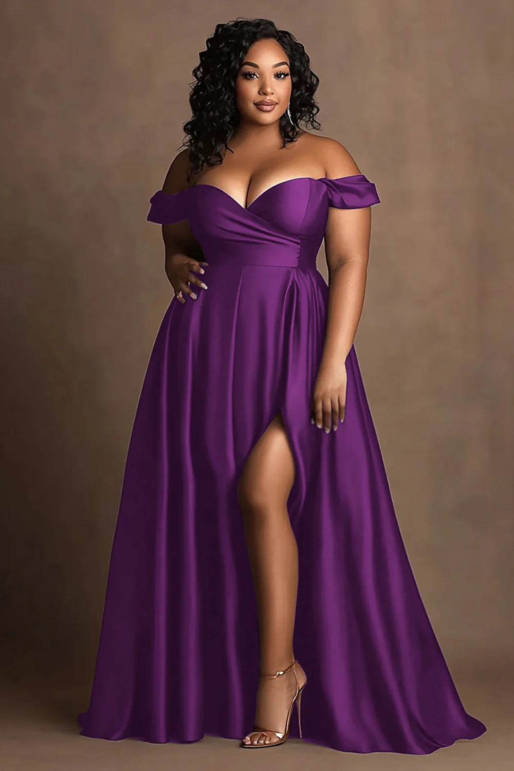 Plus Size Navy Off The Shoulder Satin Long Formal Dress with Slit - Image 7