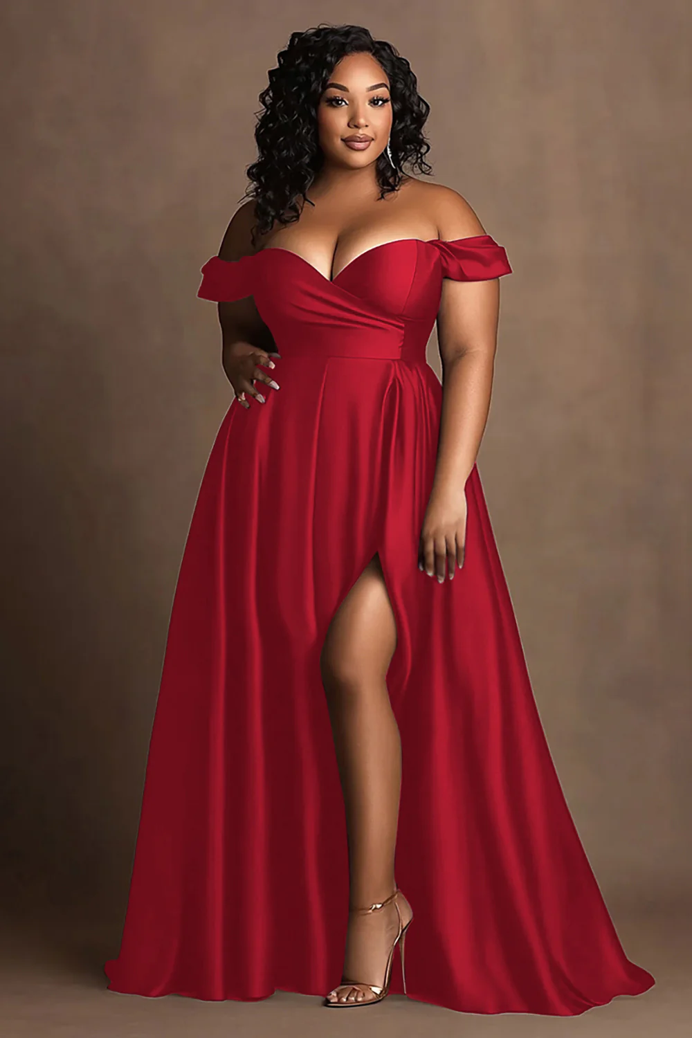 Plus Size Navy Off The Shoulder Satin Long Formal Dress with Slit - Image 8