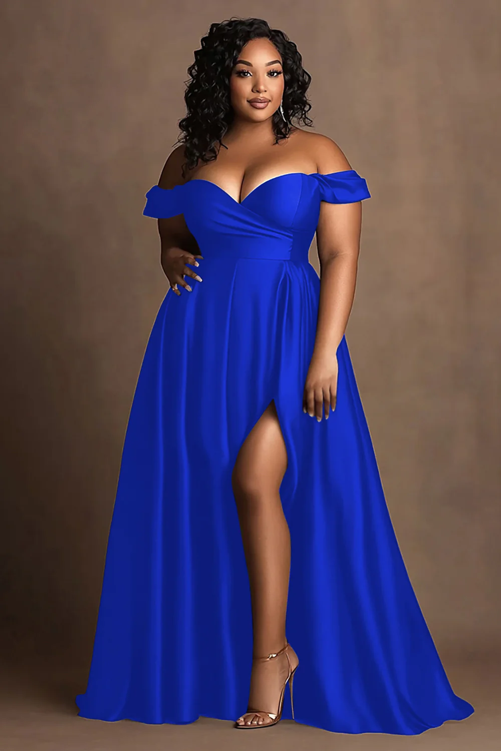 Plus Size Navy Off The Shoulder Satin Long Formal Dress with Slit - Image 9