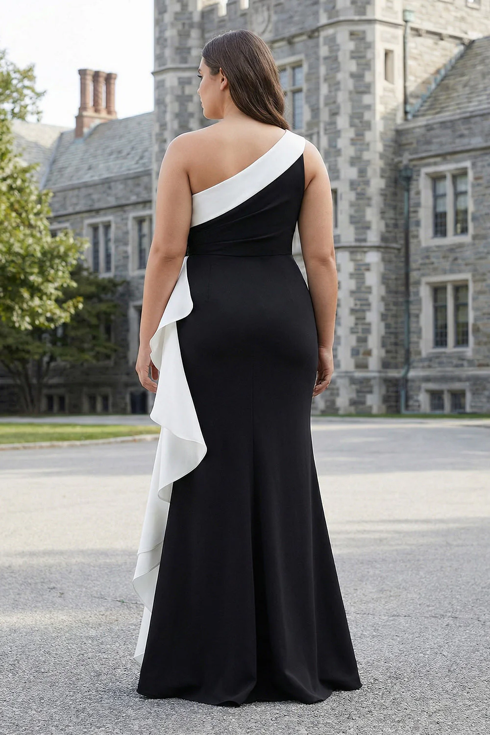 Plus Size One Shoulder Ruffled Mermaid Long Black Tie Dress with 3D Flower - Image 2