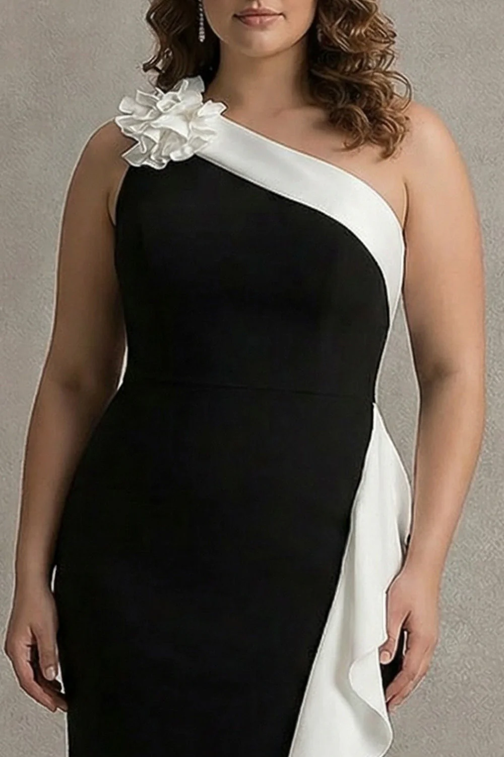 Plus Size One Shoulder Ruffled Mermaid Long Black Tie Dress with 3D Flower - Image 3