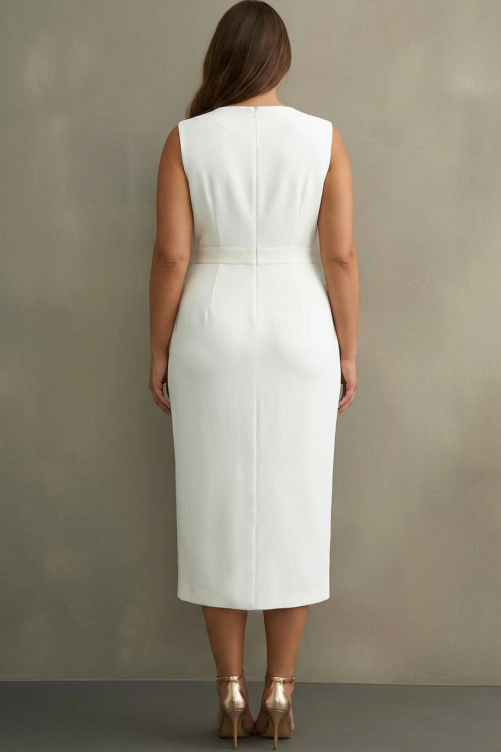 Plus Size White V-Neck Satin Midi Formal Dress with Belt - Image 2