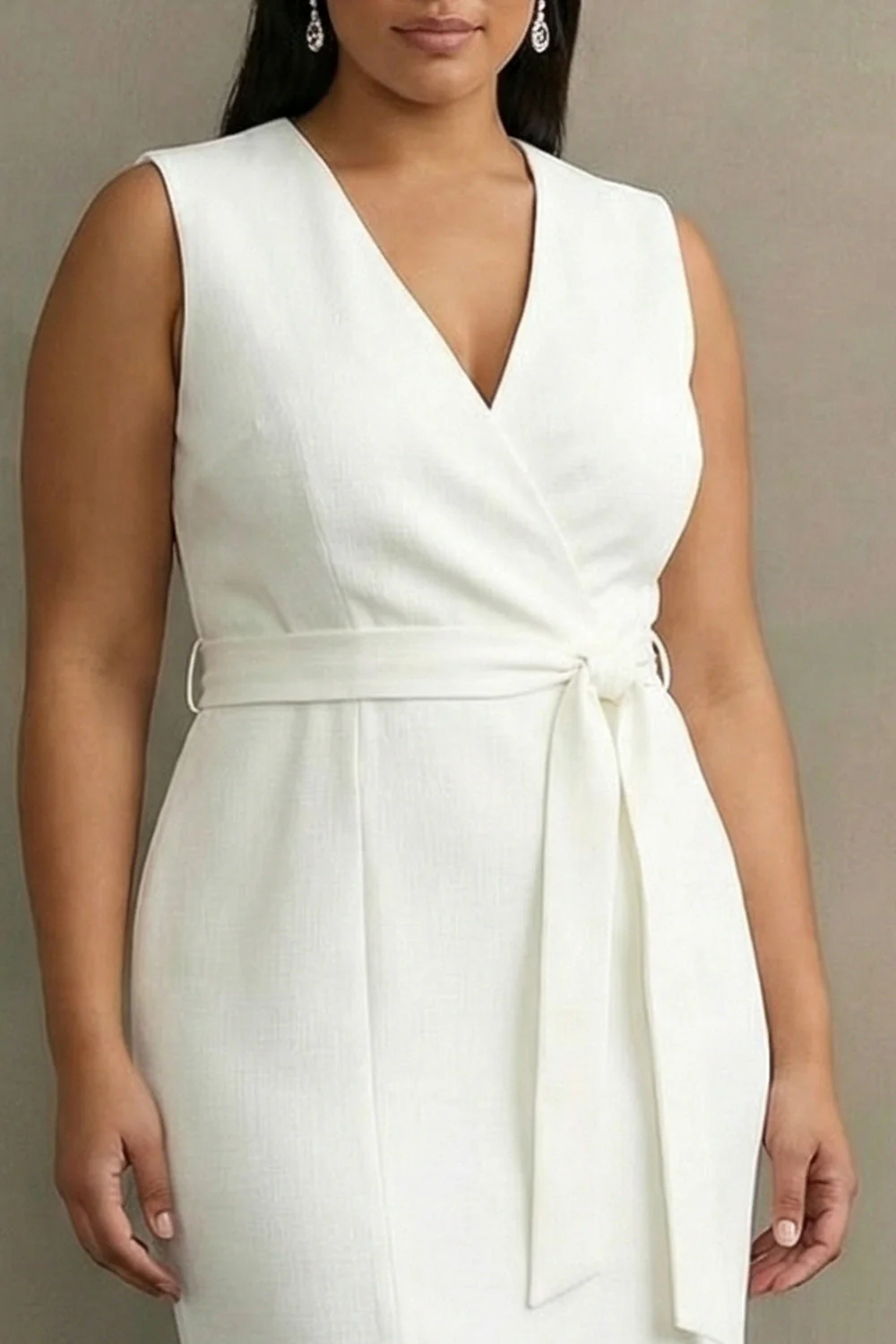Plus Size White V-Neck Satin Midi Formal Dress with Belt - Image 3