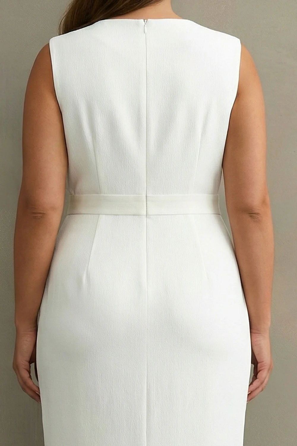 Plus Size White V-Neck Satin Midi Formal Dress with Belt - Image 4