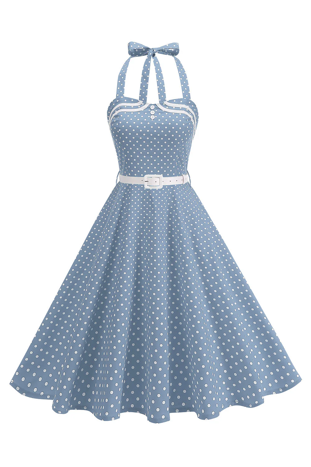Polka Dots Halter Black A Line 1950s Dress with Bow - Image 10