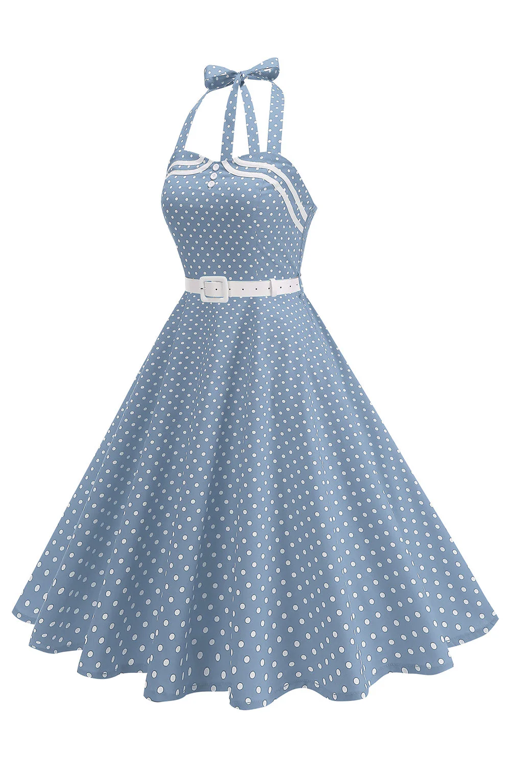 Polka Dots Halter Black A Line 1950s Dress with Bow - Image 12