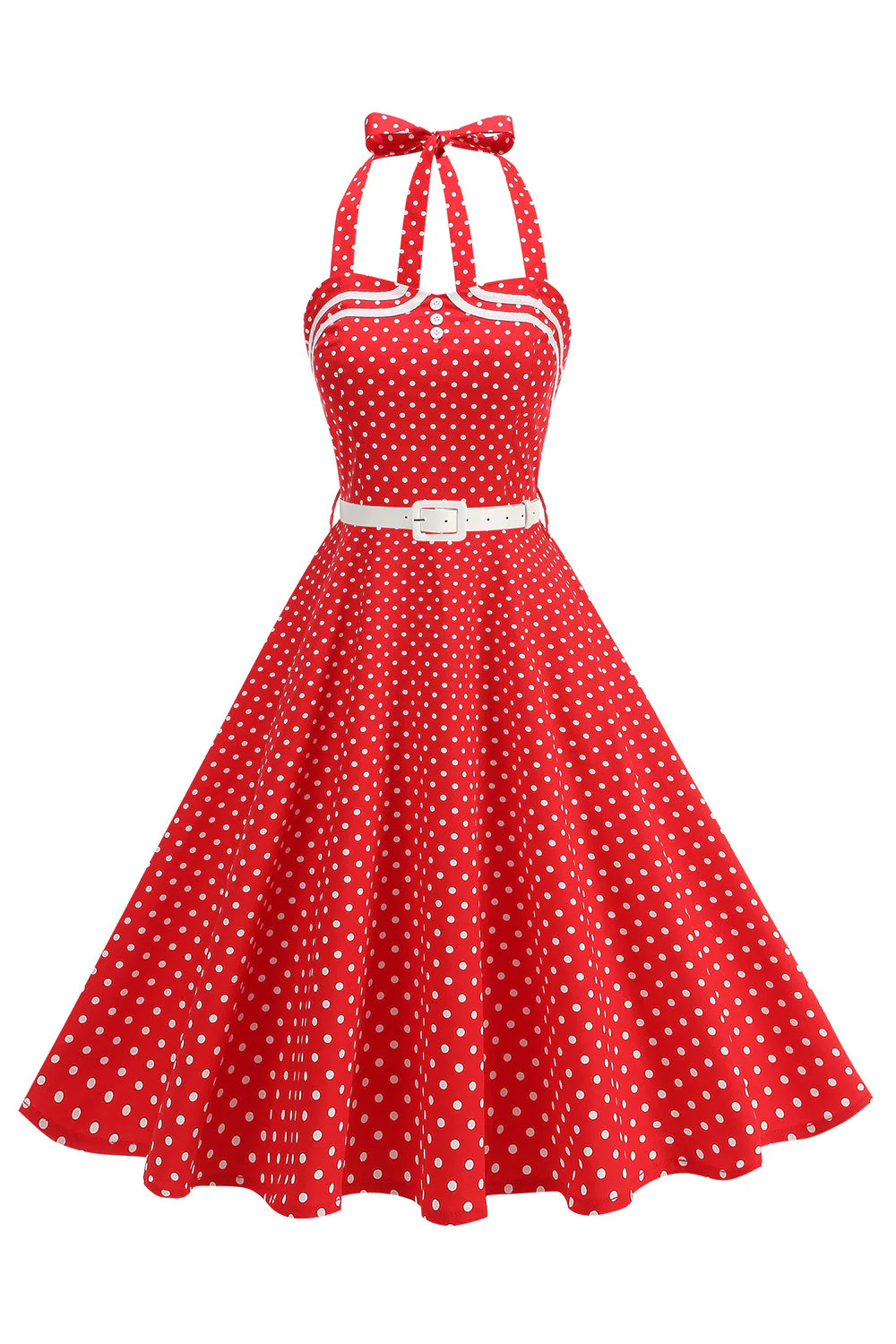 Polka Dots Halter Black A Line 1950s Dress with Bow - Image 15
