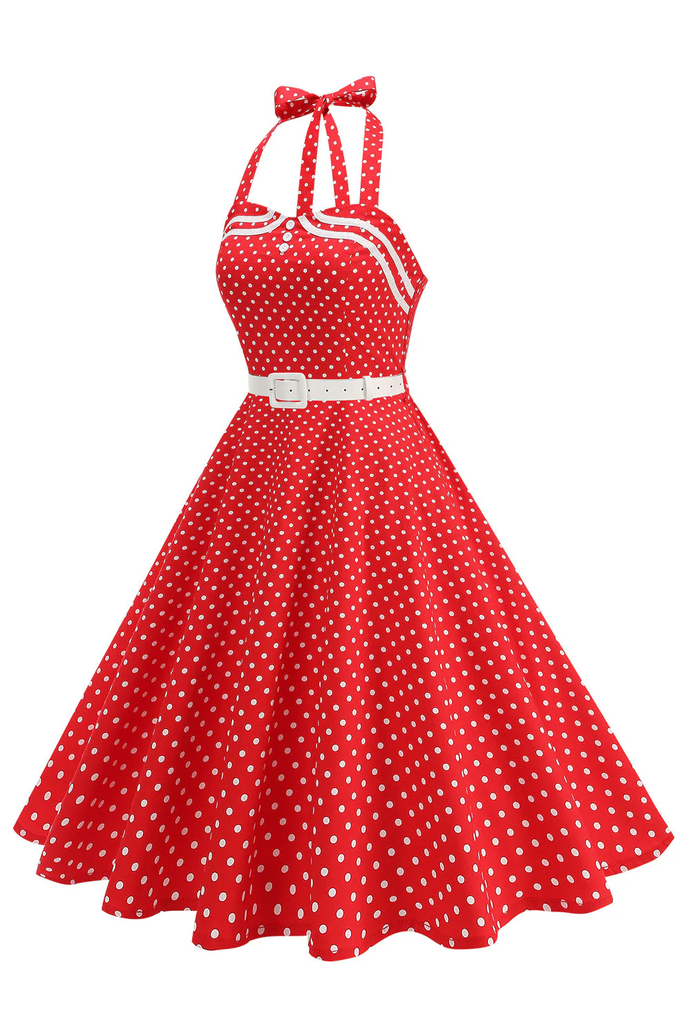 Polka Dots Halter Black A Line 1950s Dress with Bow - Image 17