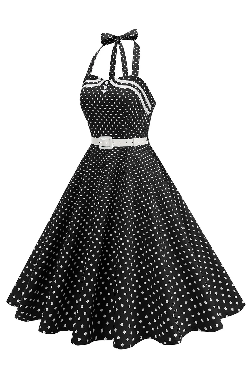 Polka Dots Halter Black A Line 1950s Dress with Bow - Image 3