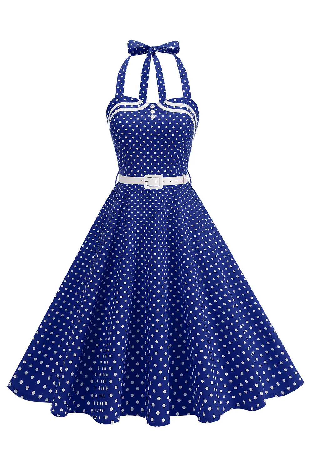 Polka Dots Halter Black A Line 1950s Dress with Bow - Image 5