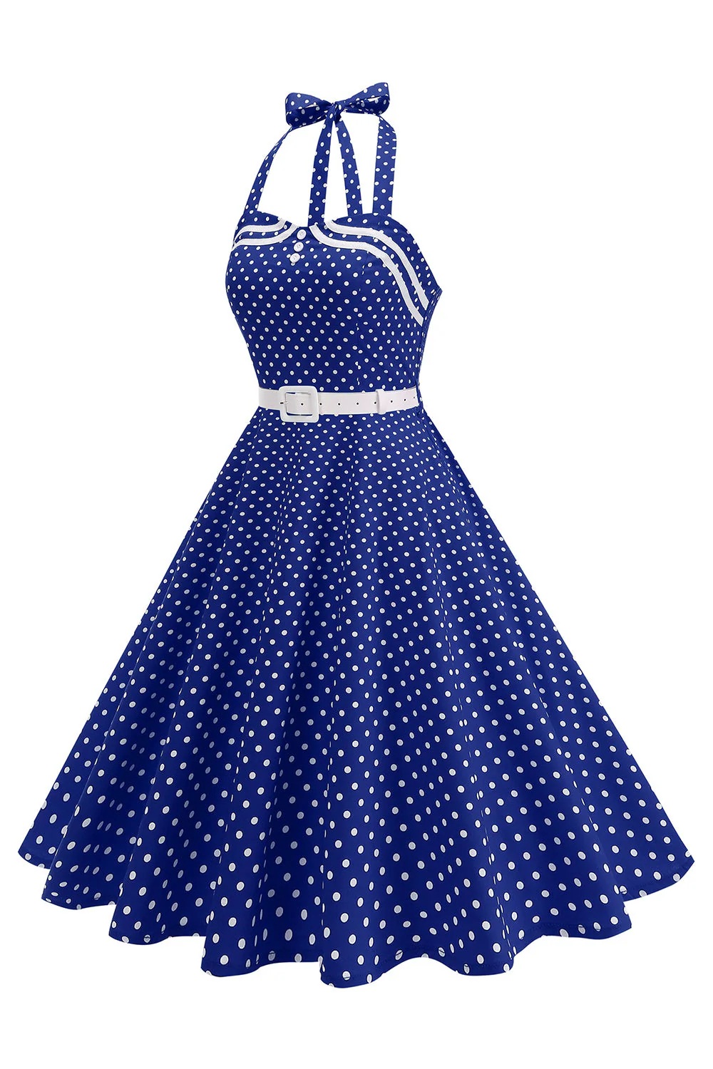 Polka Dots Halter Black A Line 1950s Dress with Bow - Image 7