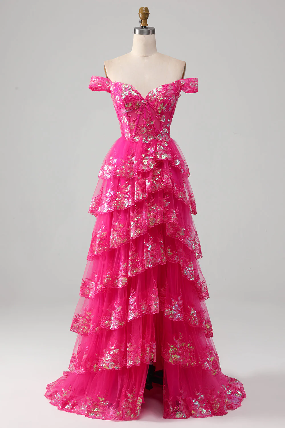 Princess A Line Off the Shoulder Black Pink Long Prom Dress with Tiered Lace - Image 10