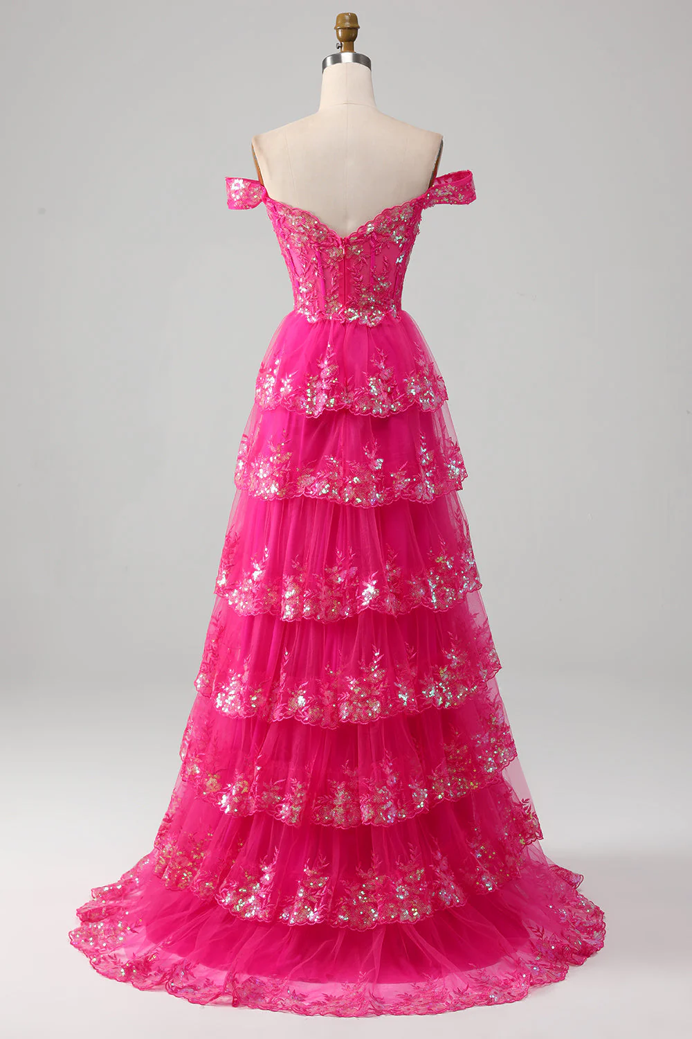 Princess A Line Off the Shoulder Black Pink Long Prom Dress with Tiered Lace - Image 11