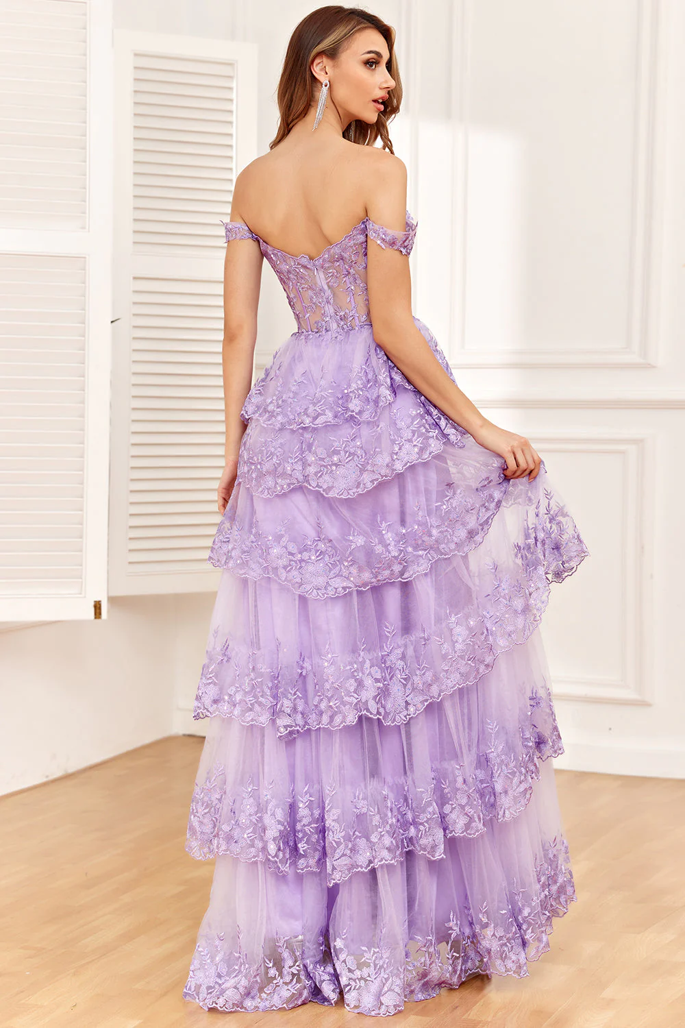 Princess A Line Off the Shoulder Black Pink Long Prom Dress with Tiered Lace - Image 13