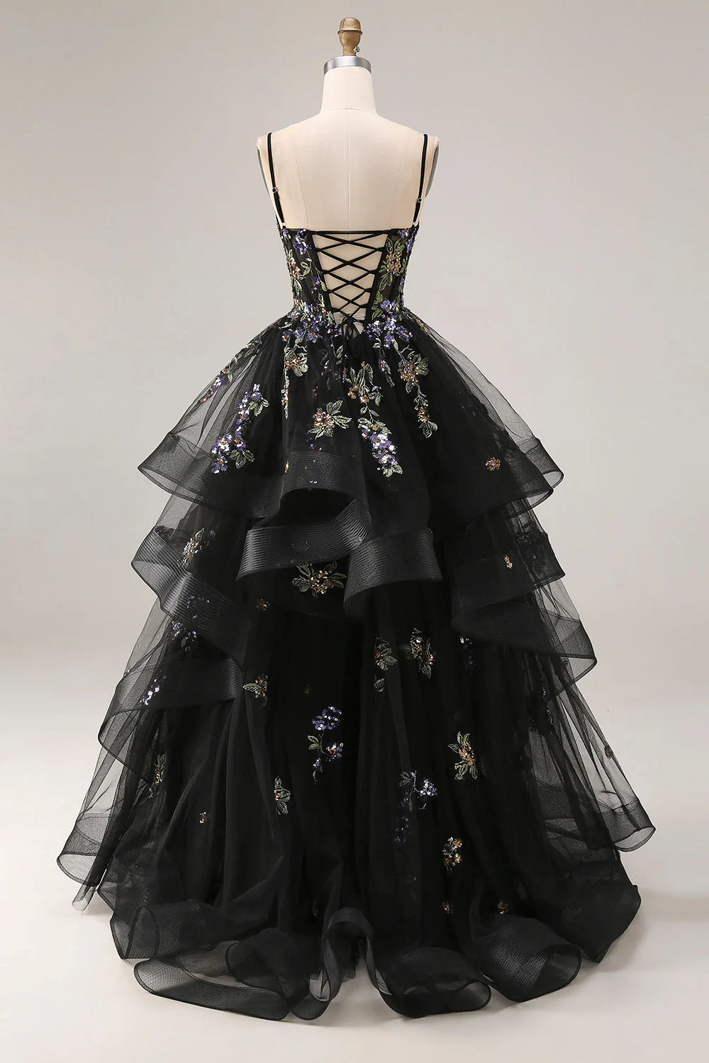 Princess Black Sequins Lace Up Back Long Prom Dress with Ruffles - Image 2