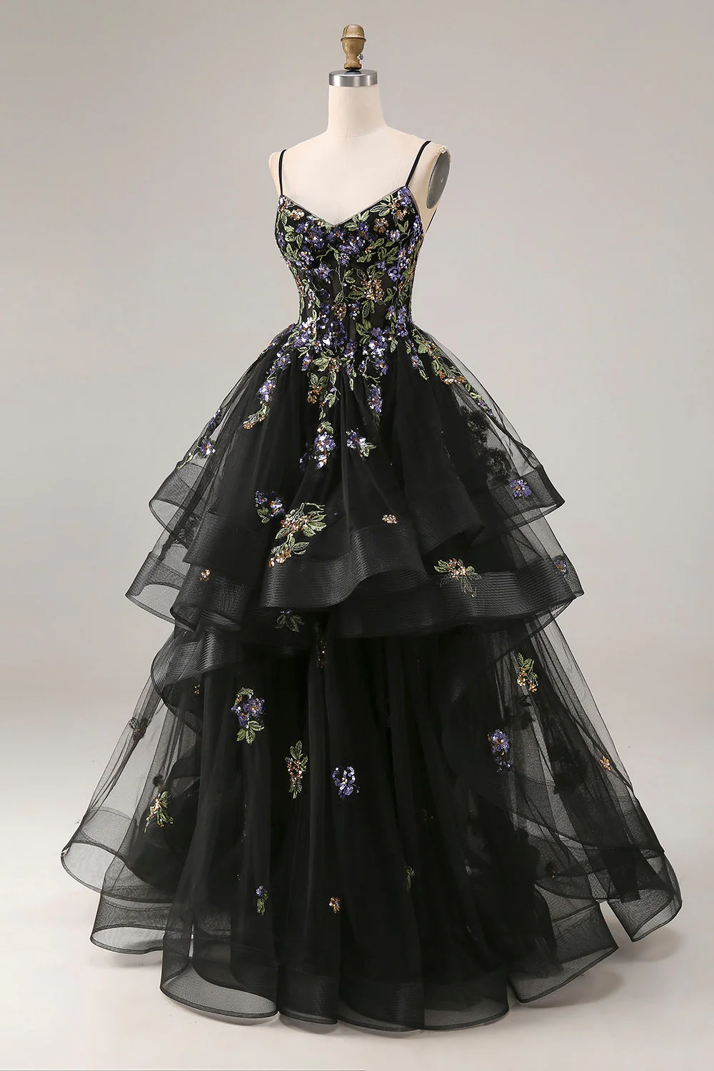 Princess Black Sequins Lace Up Back Long Prom Dress with Ruffles - Image 3