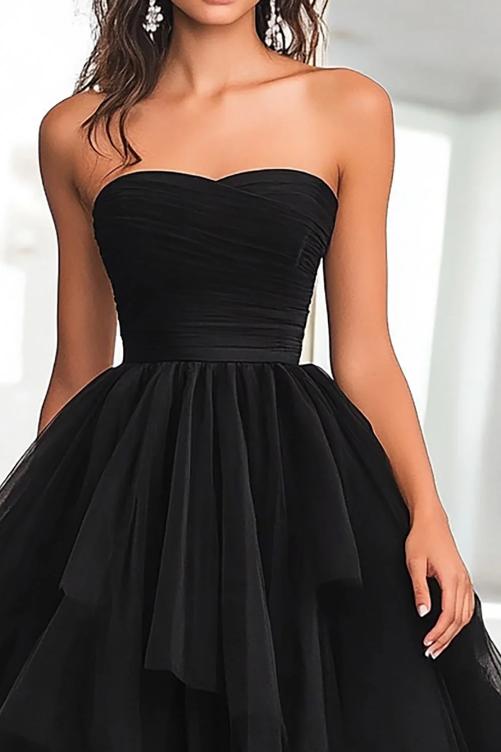 Princess Black Strapless Tulle Tiered Ruched Long Prom Dress - Image 3