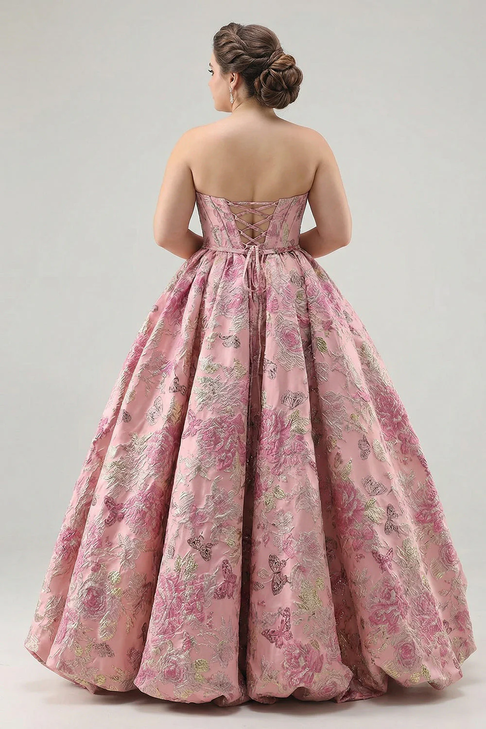 Princess Pink Floral Strapless Corset Long Plus Size Prom Dress with Lace Up Back - Image 2