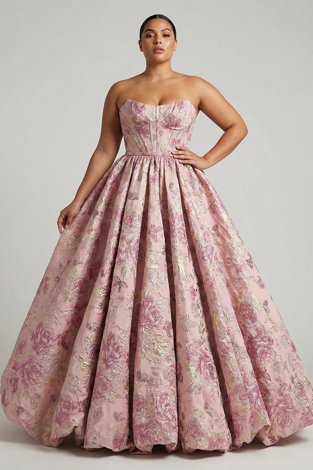 Princess Pink Floral Strapless Corset Long Plus Size Prom Dress with Lace Up Back - Image 3