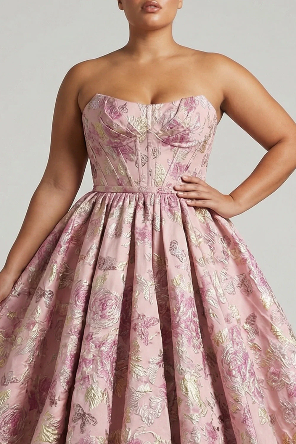 Princess Pink Floral Strapless Corset Long Plus Size Prom Dress with Lace Up Back - Image 4