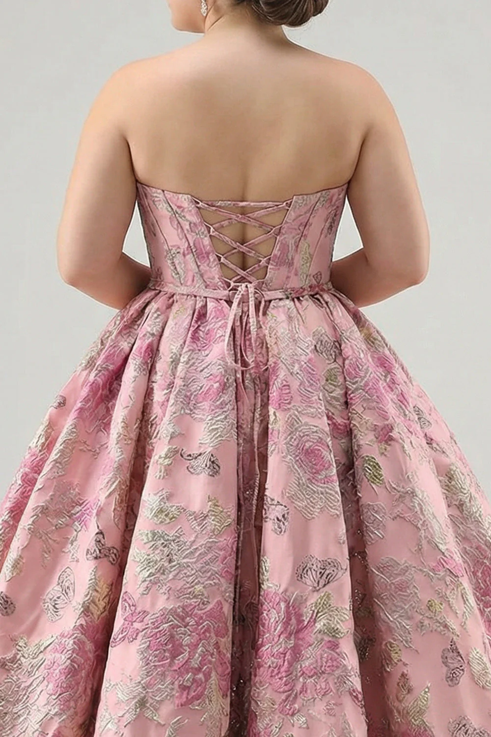 Princess Pink Floral Strapless Corset Long Plus Size Prom Dress with Lace Up Back - Image 5