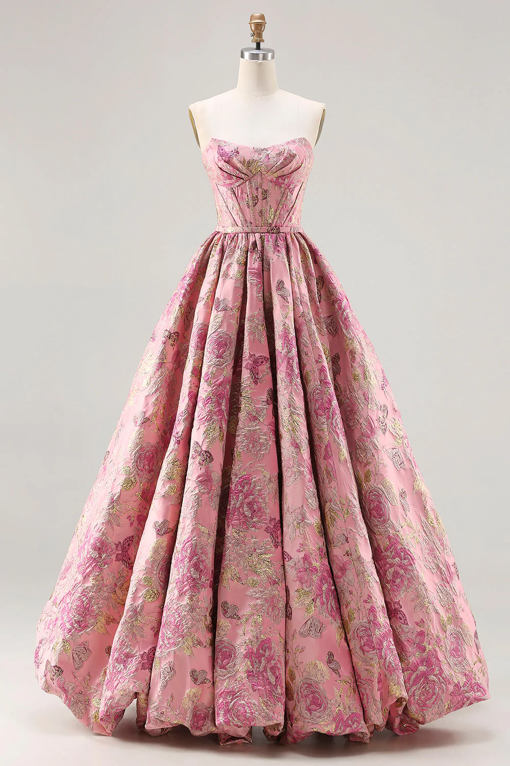 Princess Pink Floral Strapless Corset Long Plus Size Prom Dress with Lace Up Back - Image 6