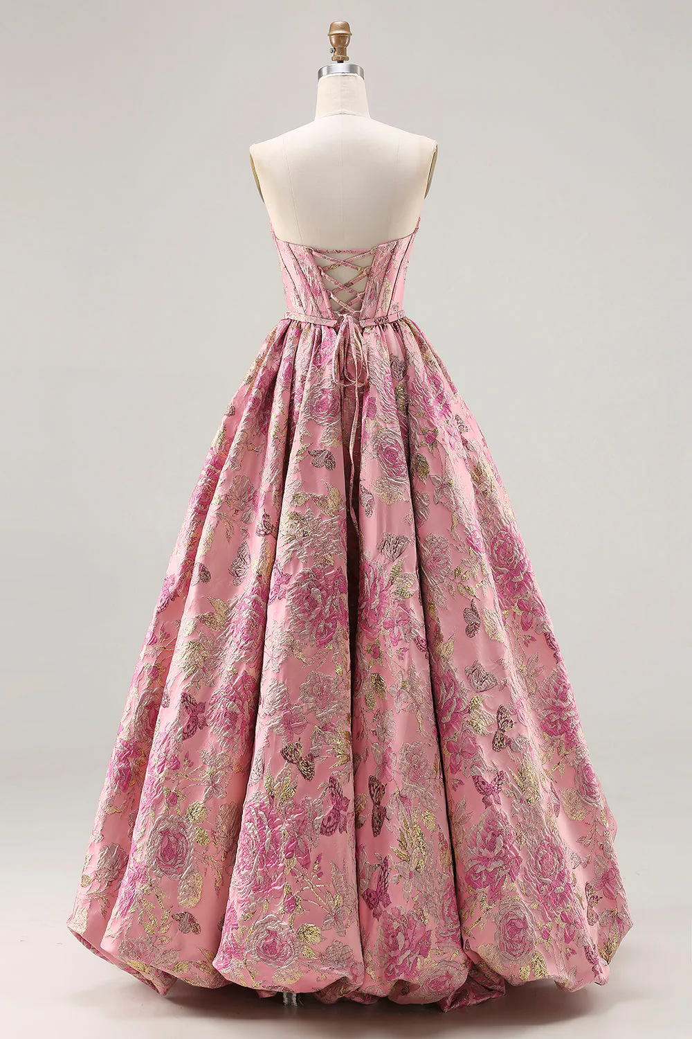 Princess Pink Floral Strapless Corset Long Plus Size Prom Dress with Lace Up Back - Image 7