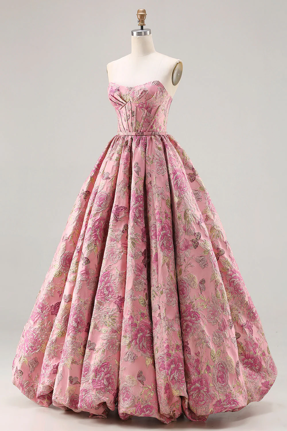 Princess Pink Floral Strapless Corset Long Plus Size Prom Dress with Lace Up Back - Image 8