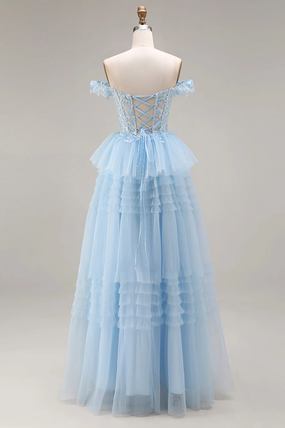 Princess Sky Blue Off The Shoulder Ruffled Long Tulle Prom Dress with Embroidery - Image 2