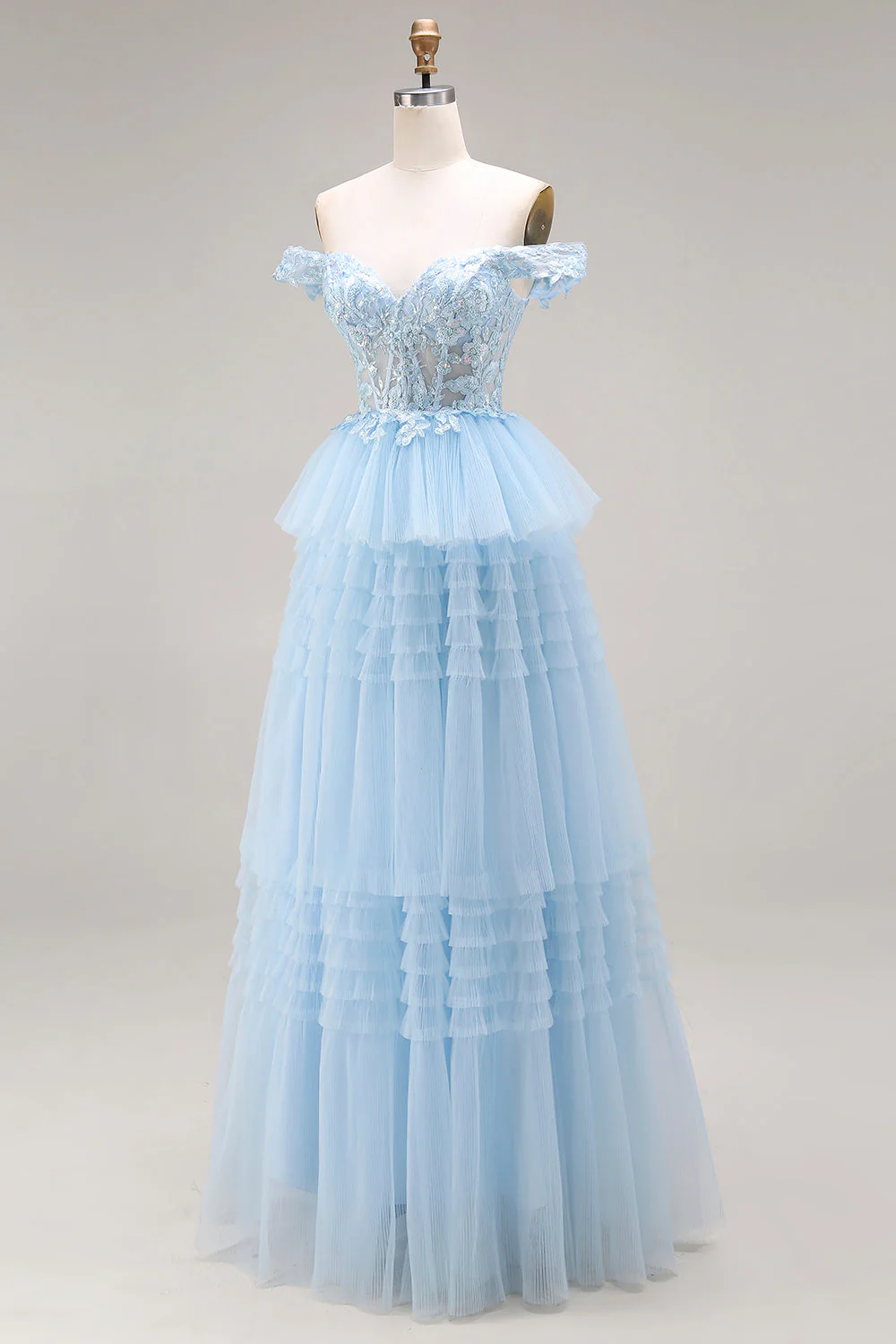 Princess Sky Blue Off The Shoulder Ruffled Long Tulle Prom Dress with Embroidery - Image 3
