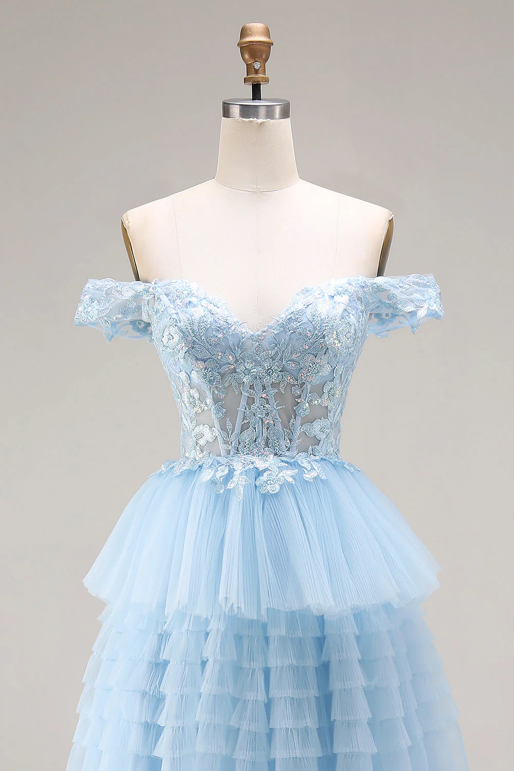 Princess Sky Blue Off The Shoulder Ruffled Long Tulle Prom Dress with Embroidery - Image 4