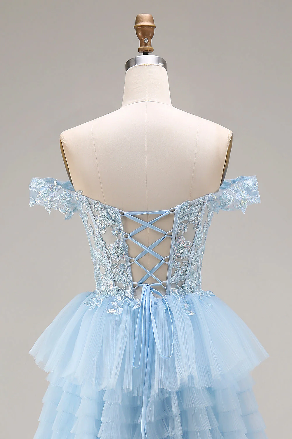 Princess Sky Blue Off The Shoulder Ruffled Long Tulle Prom Dress with Embroidery - Image 5