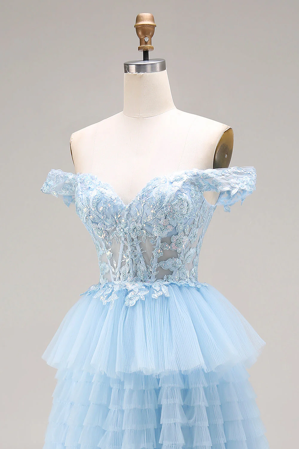 Princess Sky Blue Off The Shoulder Ruffled Long Tulle Prom Dress with Embroidery - Image 6
