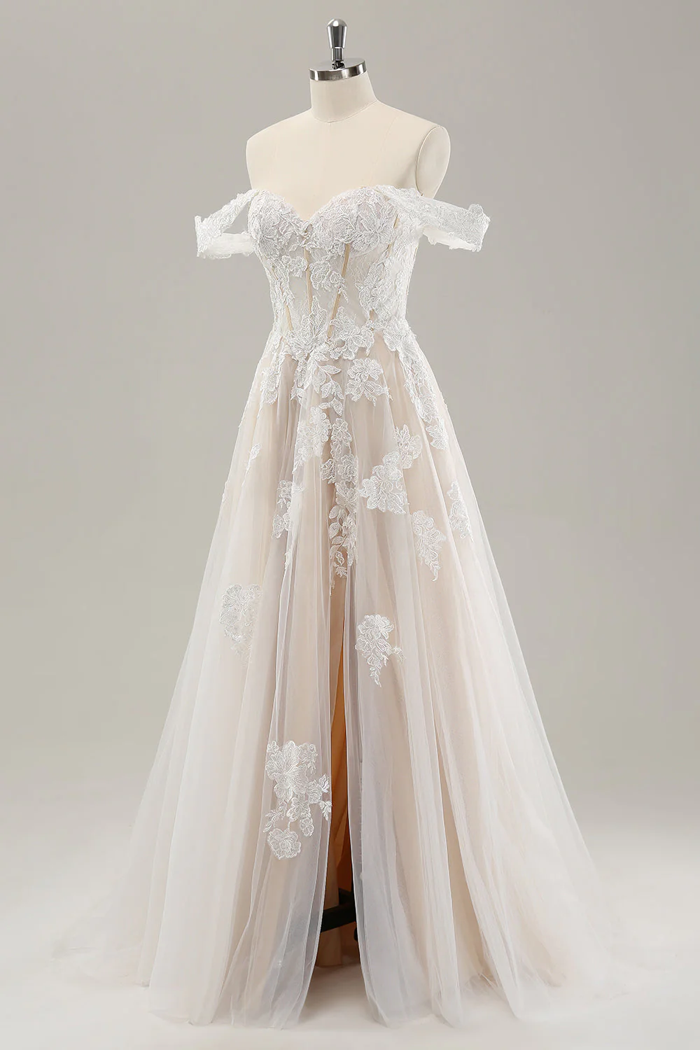Princess White Off the Shoulder Applique Tulle Wedding Dress with Slit - Image 3