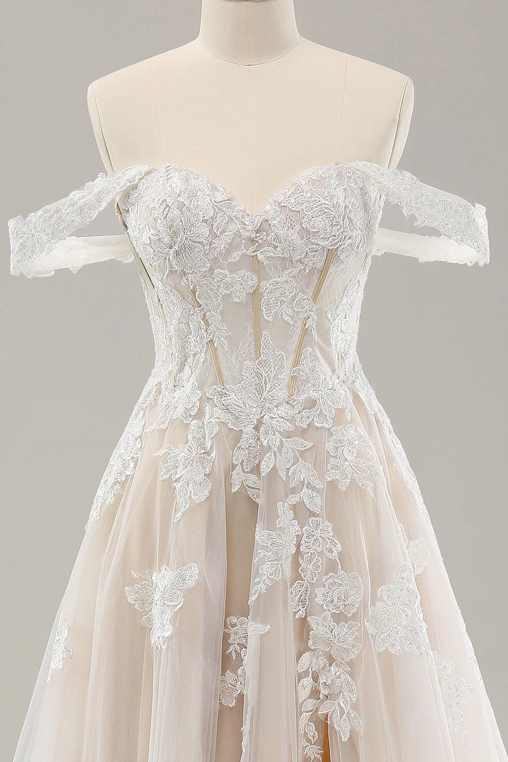 Princess White Off the Shoulder Applique Tulle Wedding Dress with Slit - Image 4