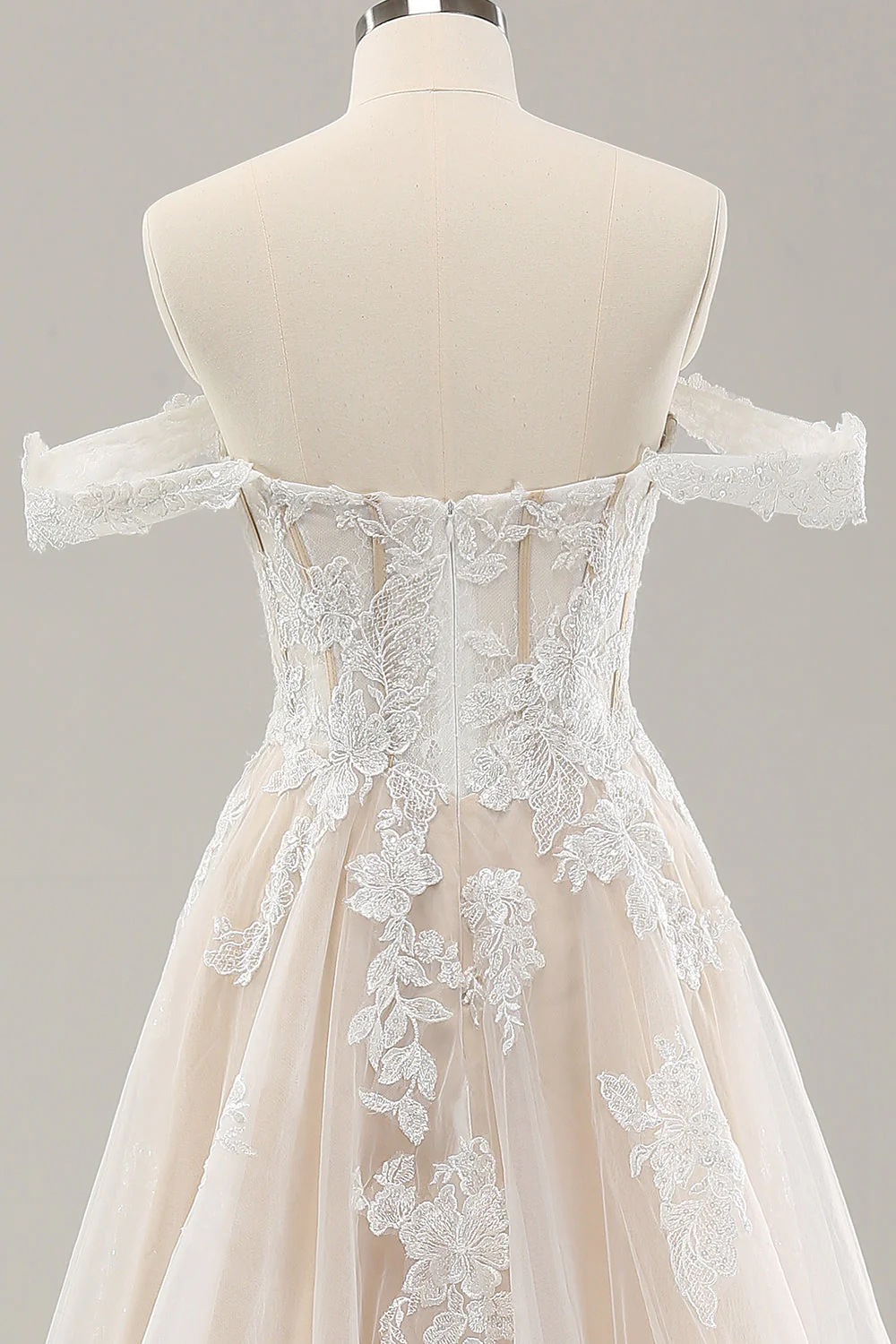 Princess White Off the Shoulder Applique Tulle Wedding Dress with Slit - Image 5