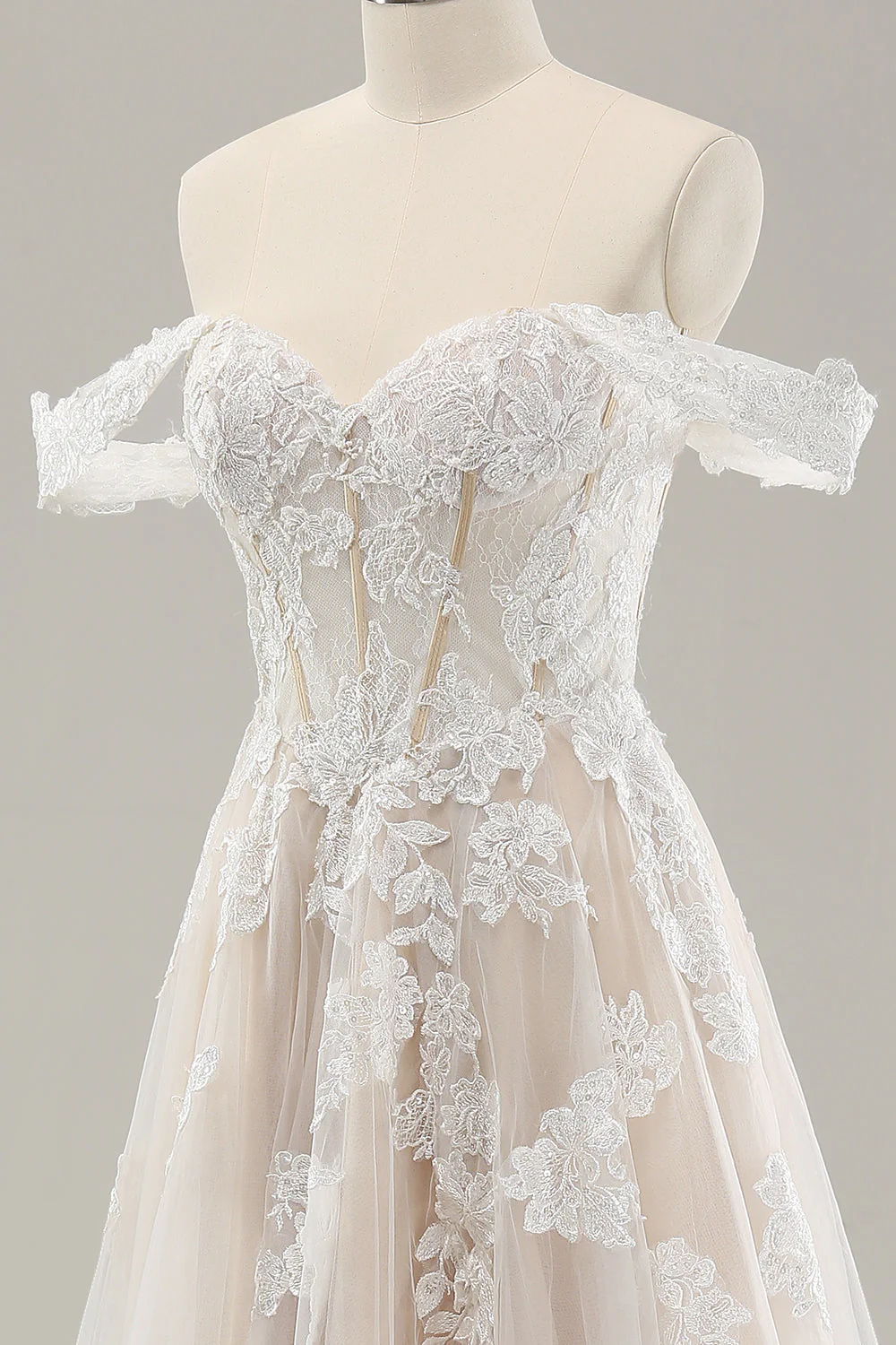 Princess White Off the Shoulder Applique Tulle Wedding Dress with Slit - Image 6