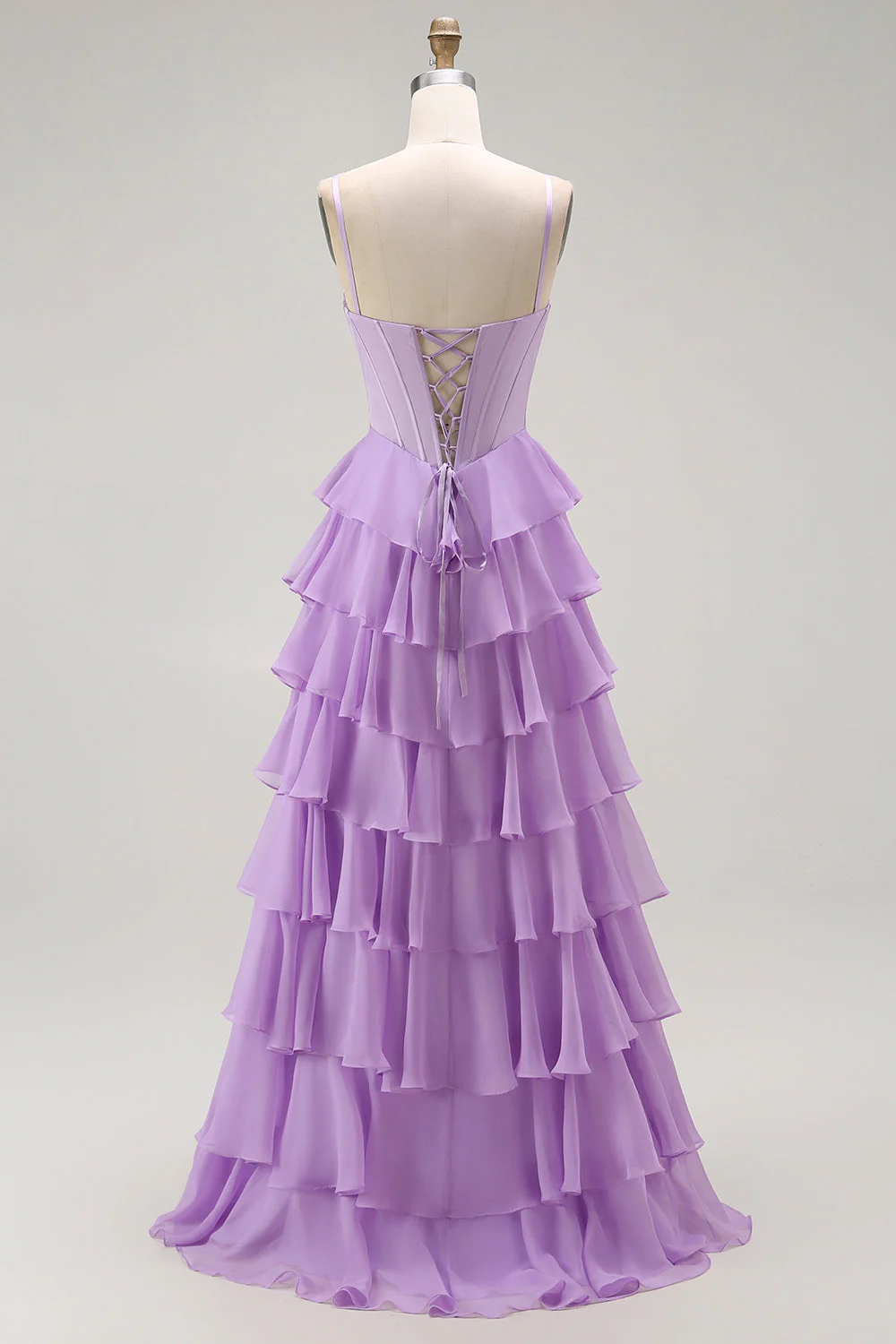 Purple A-Line Beaded Corset Tiered Ruffle Long Prom Dress with Lace Up Back - Image 2