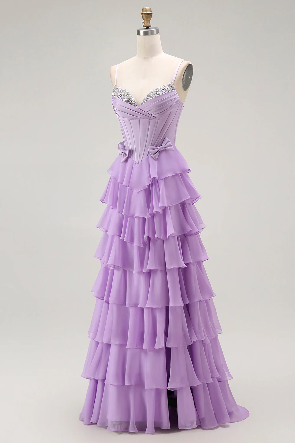 Purple A-Line Beaded Corset Tiered Ruffle Long Prom Dress with Lace Up Back - Image 3