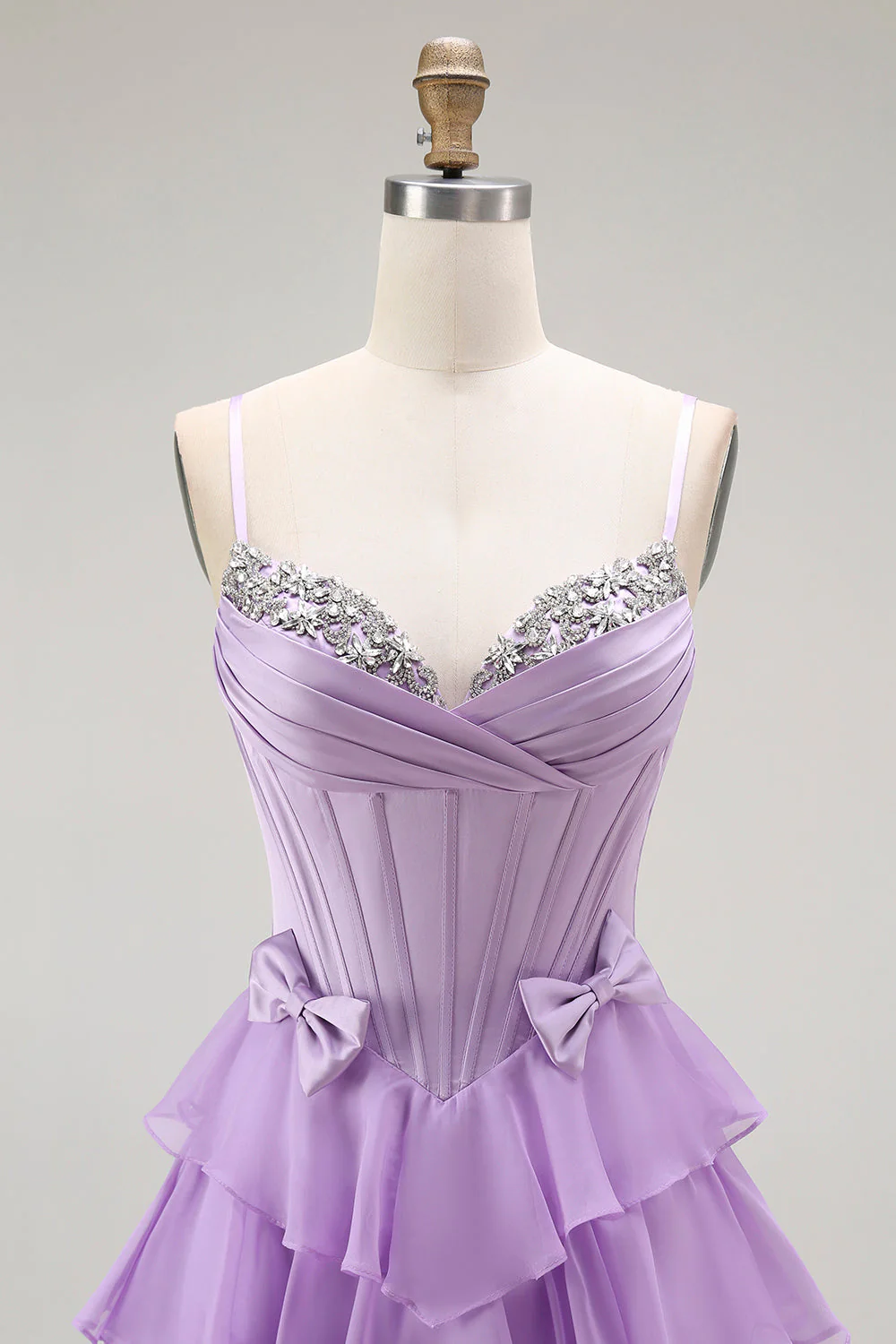 Purple A-Line Beaded Corset Tiered Ruffle Long Prom Dress with Lace Up Back - Image 4