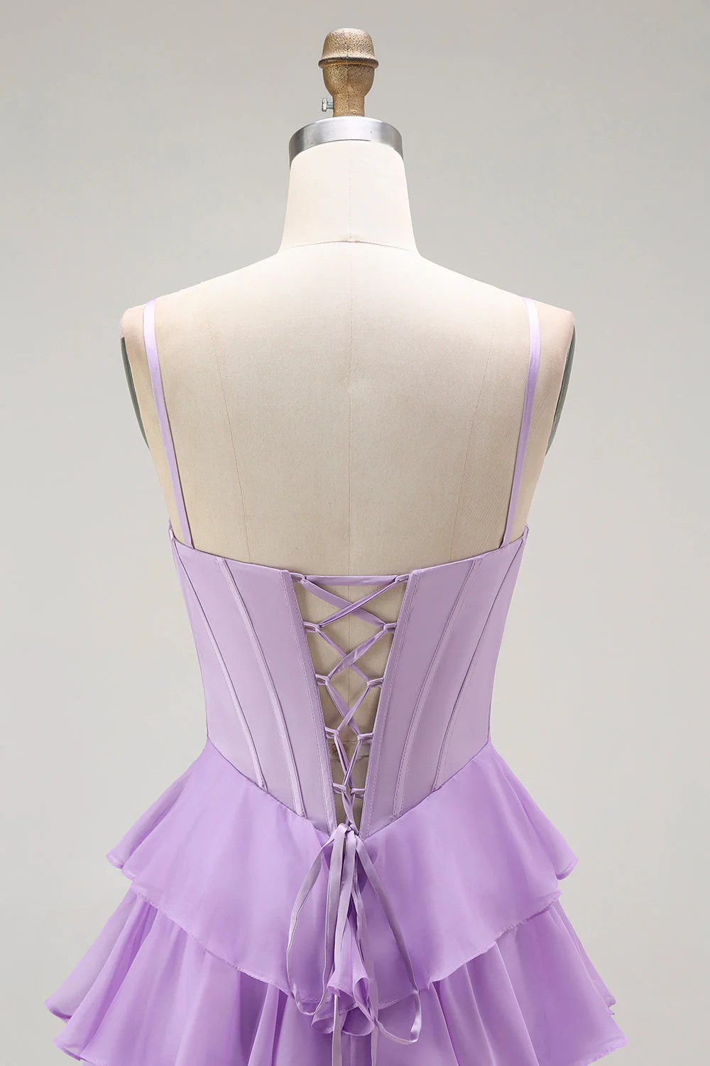 Purple A-Line Beaded Corset Tiered Ruffle Long Prom Dress with Lace Up Back - Image 5