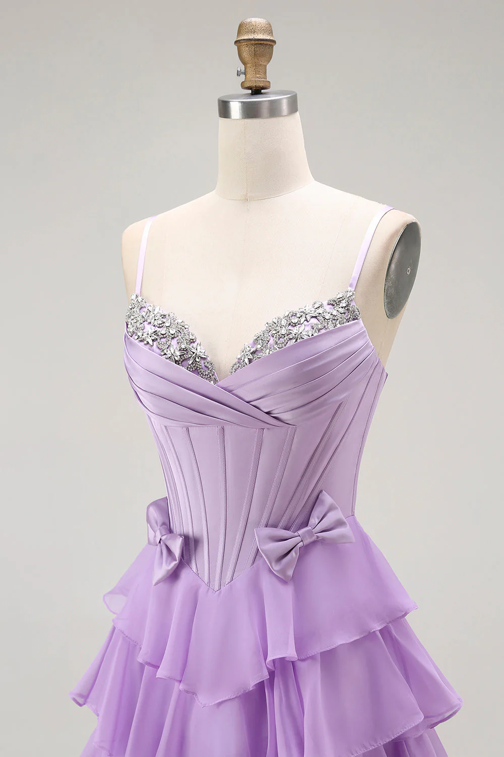 Purple A-Line Beaded Corset Tiered Ruffle Long Prom Dress with Lace Up Back - Image 6